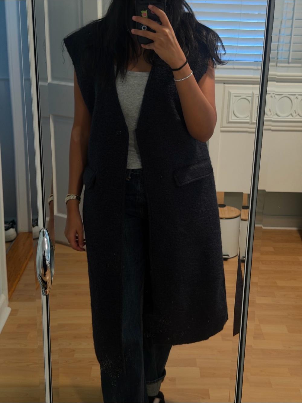 Zara Navy Blue Sleeveless Long Bouclé Vest